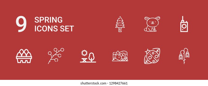 Editable 9 spring icons for web and mobile. Set of spring included icons line Flower, Ladybird, Hill, Park, Branch, Eggs, Bug detector, Rabbit, Pine tree on red background