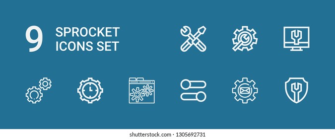 Editable 9 sprocket icons for web and mobile. Set of sprocket included icons line Settings, Setting on blue background