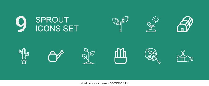 Editable 9 sprout icons for web and mobile. Set of sprout included icons line Plant, Green earth, Sprout, Watering can, Plants, Greenhouse, Leaf on green background