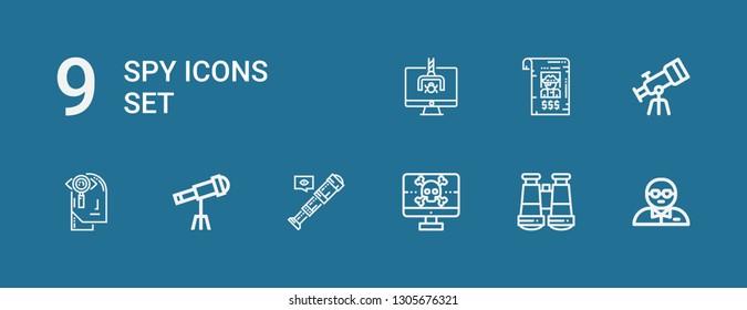 Editable 9 spy icons for web and mobile. Set of spy included icons line Bodyguard, Binoculars, Spyware, Telescope, Observation, Bandit, Hacker on blue background