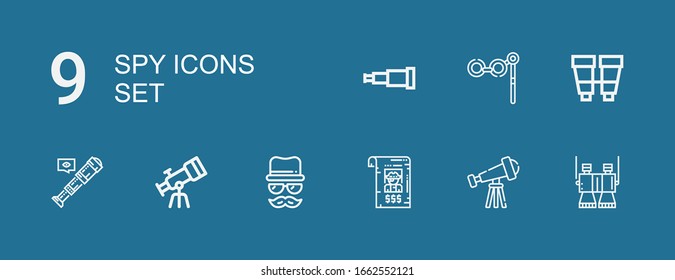 Editable 9 spy icons for web and mobile. Set of spy included icons line Binoculars, Telescope, Bandit, Disguise on blue background