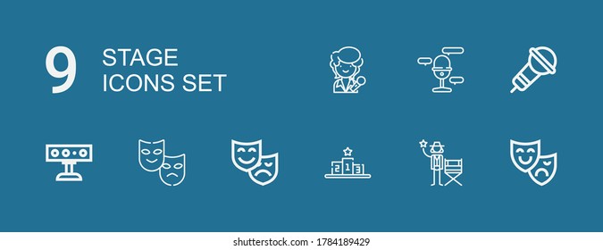 Editable 9 stage icons for web and mobile. Set of stage included icons line Theatre mask, Actor, Podium, Theatre, Theater, Spotlight, Microphone, Singer on blue background
