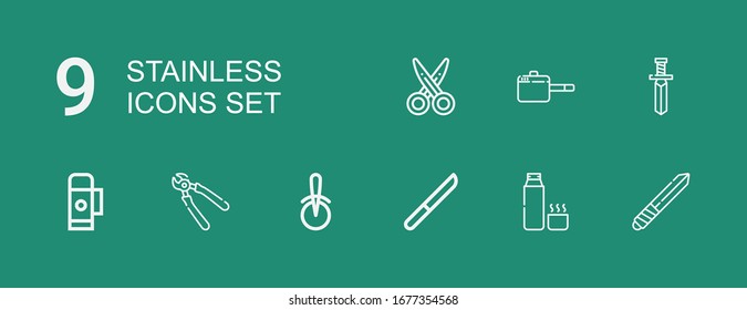 Editable 9 stainless icons for web and mobile. Set of stainless included icons line Knife, Thermos, Pizza cutter, Pliers, Thermo, Pan, Scissors on green background