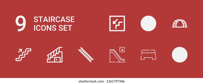 Editable 9 staircase icons for web and mobile. Set of staircase included icons line Stairs, Step, Escalator, Ladder on red background