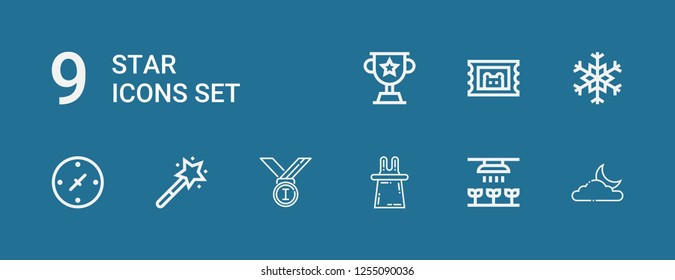 Editable 9 Star Icons For Web And Mobile. Set Of Star Included Icons Line Moon, Light, Magic, Medals, Magic Wand, Cardinal Points, Snowflake, Ticket, Trophy On Blue Background