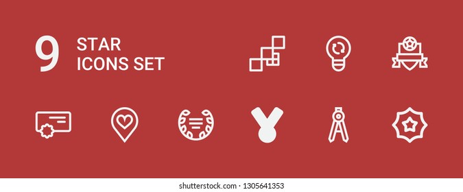 Editable 9 star icons for web and mobile. Set of star included icons line Badge, Compass, Medal, Laurel, Favorite, Reward, Light, Mosaic on red background