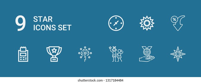 Editable 9 star icons for web and mobile. Set of star included icons line Windrose, Medal, Idol, Fireworks, Trophy, Ticket, Discount, Explosion, Cardinal points on blue background