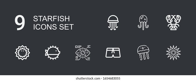 Editable 9 starfish icons for web and mobile. Set of starfish included icons line Sea urchin, Jellyfish, Swimsuit, Eye tap, Puffer fish, Lobster on dark background