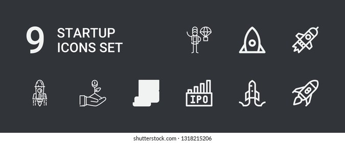 Editable 9 startup icons for web and mobile. Set of startup included icons line Rocket launch, Startup, Ipo, Product release on dark background