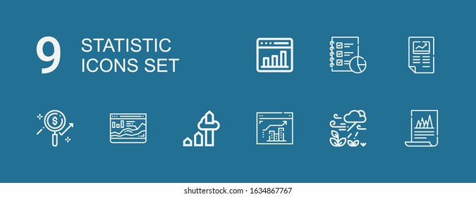 Editable 9 statistic icons for web and mobile. Set of statistic included icons line Analytics, Growth, Chart, Graph on blue background