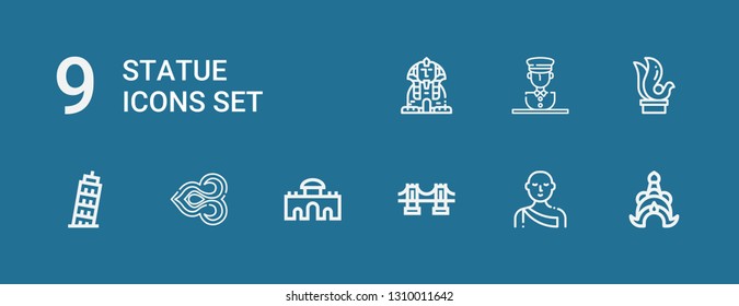 Editable 9 statue icons for web and mobile. Set of statue included icons line Thailand, Monk, Brooklyn bridge, Alcala gate, Thai, Pisa, Sculpture, Statue, Sphinx on blue background