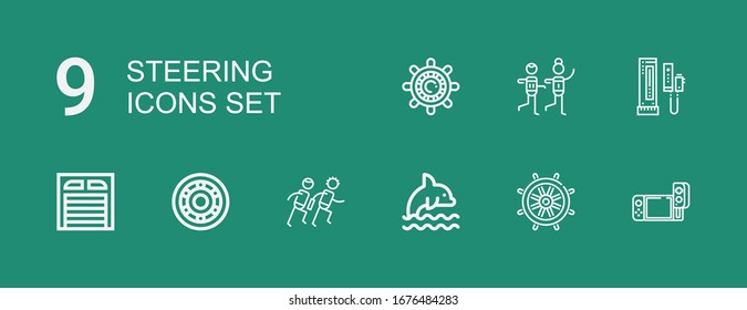 Editable 9 steering icons for web and mobile. Set of steering included icons line Game, Rudder, Dolphin, Race, Wheel, Garage, Console, Racing, Helm on green background