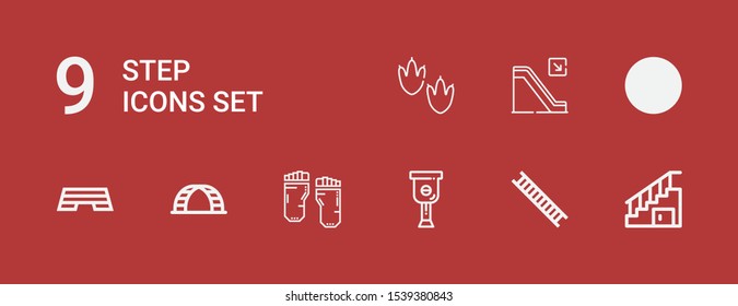 Editable 9 step icons for web and mobile. Set of step included icons line Stairs, Ladder, Leg, Barefoot, Step, Escalator, Footprint on red background