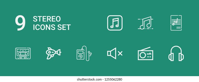 Editable 9 stereo icons for web and mobile. Set of stereo included icons line Headphones, Radio, Mute, Music, Blaster, Cassette on green background