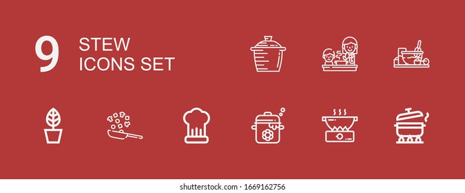Bearbeitbar 9 Eintopfsymbole für Web und Mobile. Set Set mit Eintopf-Icons Zeile Pot, Kochen auf rotem Hintergrund
