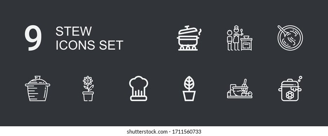 Editable 9 stew icons for web and mobile. Set of stew included icons line Pot, Cooking, Sour soup on dark background