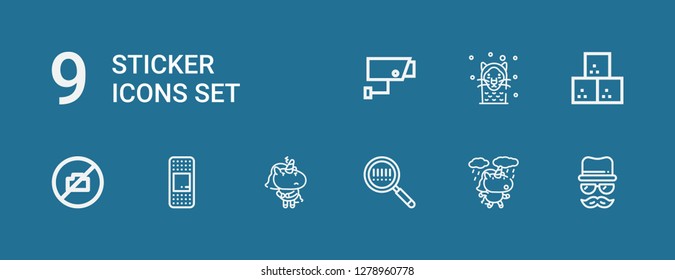 Editable 9 sticker icons for web and mobile. Set of sticker included icons line Disguise, Unicorn, Barcode, Plaster, No camera, Sugar cube, Seal, Security camera on blue background