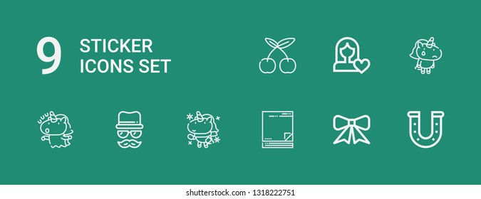 Editable 9 sticker icons for web and mobile. Set of sticker included icons line Horseshoe, Ribbon, Sticky note, Unicorn, Disguise, Women rights, Cherry on green background