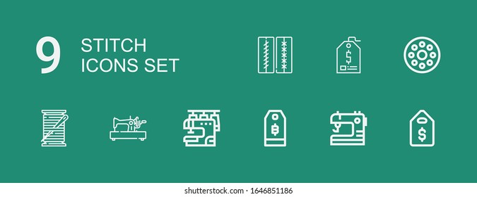 Editable 9 stitch icons for web and mobile. Set of stitch included icons line Price tag, Sewing, Sewing machine, Thread spool, Bobbin, Stitches on green background