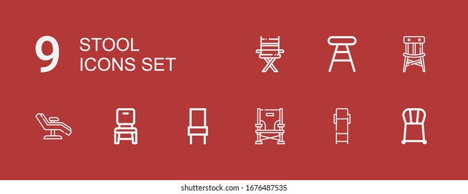 Editable 9 stool icons for web and mobile. Set of stool included icons line Chair, Lounge chair, Stool on red background