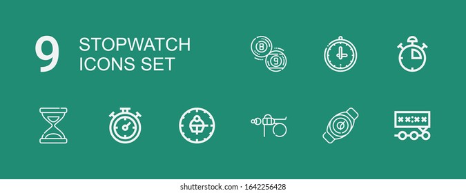 Editable 9 stopwatch icons for web and mobile. Set of stopwatch included icons line Deadline, Watch, Fitness, Clock, Chronometer, Time, Stop watch, Billiard on green background