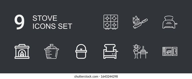 Editable 9 stove icons for web and mobile. Set of stove included icons line Microwave oven, Burner, Toaster, Pot, Fireplace, Flambe, Stove on dark background