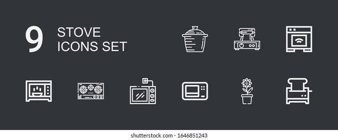 Editable 9 iconos de estufa para web y móvil. Juego de estufas con iconos línea Tostadora, Pot, Microondas, Stove, Horno, hierro gofre sobre fondo oscuro
