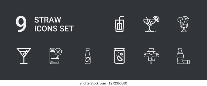 Editable 9 straw icons for web and mobile. Set of straw included icons line Cola, Scarecrow, Soda, Juice, Drink, Cocktail on dark background