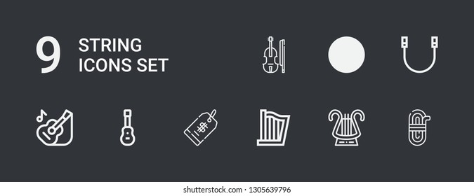 Editable 9 string icons for web and mobile. Set of string included icons line Rope, Lyre, Harp, Price tag, Acoustic guitar, Guitar, Violin on dark background