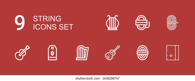 Editable 9 string icons for web and mobile. Set of string included icons line Cajon, Rope, Guitar, Harp, Price tag on red background