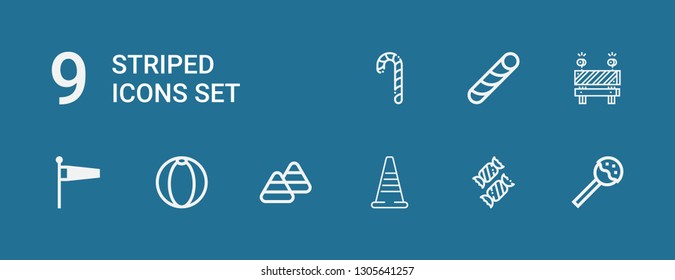 Editable 9 striped icons for web and mobile. Set of striped included icons line Lollipop, Candy, Traffic cone, Candy corn, Beach ball, Windsock, Barrier, Stick candy on blue background