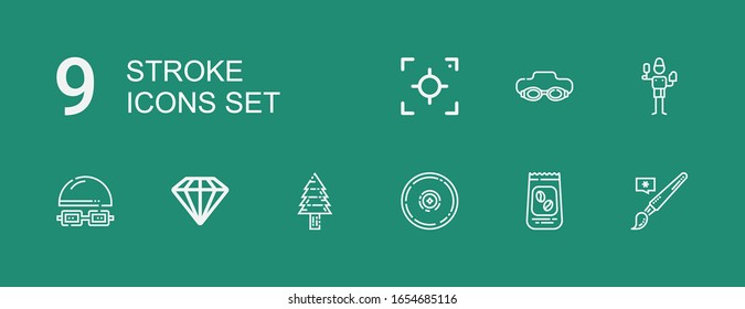Iconos editables de 9 tiempos para web y móvil. Conjunto de íconos incluidos línea Pincel, granos de café, Címbal, Pino, Diamante, Natación, Goggle, Enfoque en el fondo verde