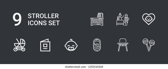 Editable 9 stroller icons for web and mobile. Set of stroller included icons line Rattles, Baby chair, Baby, Baby book, carriage, Birth, crib on dark background