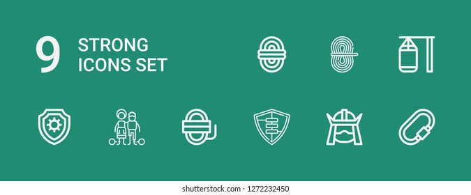 Editable 9 strong icons for web and mobile. Set of strong included icons line Carabiner, Samurai, Shield, Rope, Slavery, Punching bag on green background