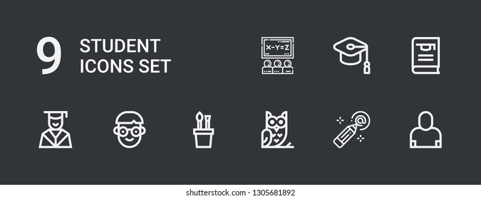 Editable 9 student icons for web and mobile. Set of student included icons line Salesman, Pencil, Owl, Pencil case, Student, Graduation, Thesis, Mortarboard on dark background