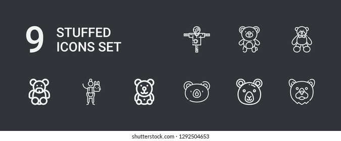 Editable 9 stuffed icons for web and mobile. Set of stuffed included icons line Bear, Teddy bear, Stuffed animal, Scarecrow on dark background