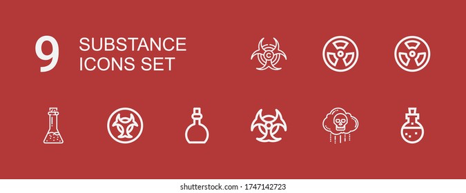 Editable 9 substance icons for web and mobile. Set of substance included icons line Potion, Bio weapon, Biohazard, Radioactive on red background