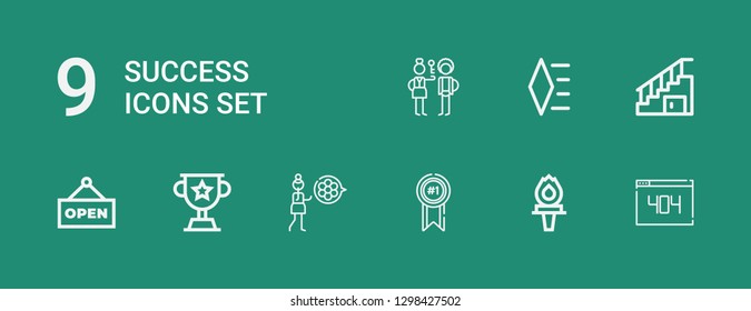 Editable 9 success icons for web and mobile. Set of success included icons line , Torch, Medal, Modesty, Trophy, Open, Stairs, Diamond, Check in on green background