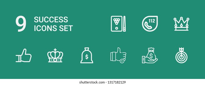 Editable 9 success icons for web and mobile. Set of success included icons line Target, Money bag, Like, Crown, , Billiard on green background