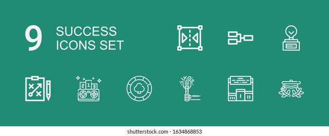 Editable 9 success icons for web and mobile. Set of success included icons line Graduation cap, Pedestal, Torch, Casino chip, Competition, Strategy, Trophy on green background