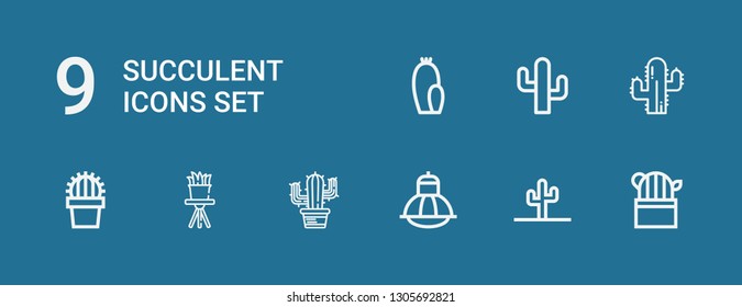 Editable 9 succulent icons for web and mobile. Set of succulent included icons line Cactus, Terrarium on blue background