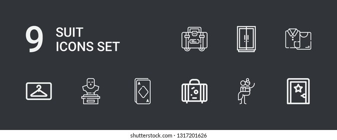 Editable 9 suit icons for web and mobile. Set of suit included icons line Dressing room, Newlyweds, Suitcase, Ace, Bust, Hanger, Clothes, Wardrobe, Briefcase on dark background