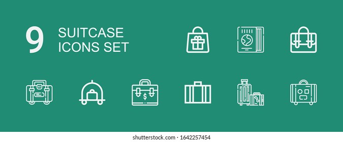 Editable 9 suitcase icons for web and mobile. Set of suitcase included icons line Suitcase, Travel, Briefcase, Luggage, Travel guide, Bag on green background