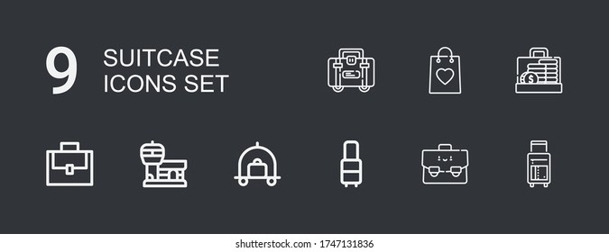Editable 9 suitcase icons for web and mobile. Set of suitcase included icons line Suitcase, Luggage, Airport, Bag, Briefcase on dark background