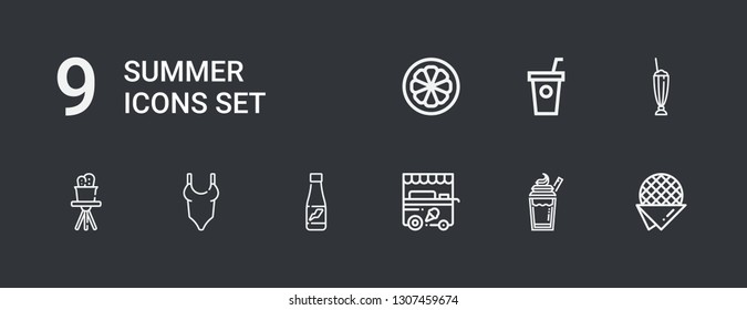 Editable 9 summer icons for web and mobile. Set of summer included icons line Stroopwafel, Milkshake, Ice cream cart, Drink, Swimsuit, Cactus, Smoothie, Mangosteen on dark background