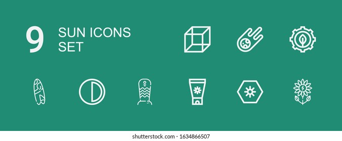 Editable 9 sun icons for web and mobile. Set of sun included icons line Green power, Day, Sun cream, Surfboard, Brightness, Green energy, Meteorite, d on green background