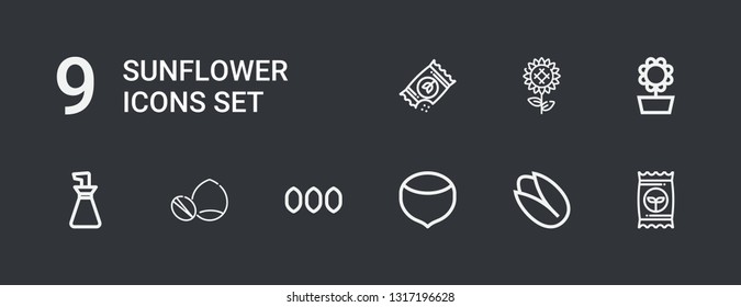 Editable 9 sunflower icons for web and mobile. Set of sunflower included icons line Seed, Pistachio, Hazelnut, Seeds, Nuts, Oil bottle, Sunflower on dark background