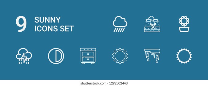 Editable 9 sunny icons for web and mobile. Set of sunny included icons line Sun, Thaw, Night, Brightness, Storm, Sunflower, Rain on blue background