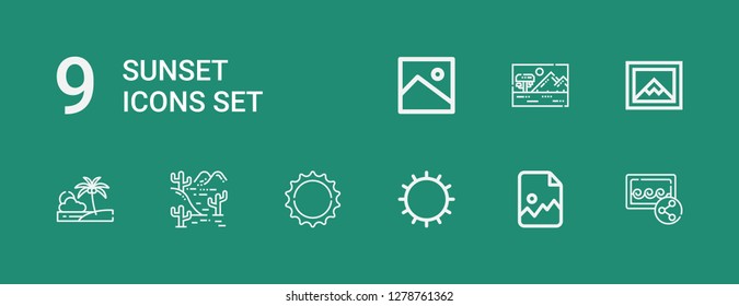 Editable 9 sunset icons for web and mobile. Set of sunset included icons line Image, Sun, Desert, Beach, Savannah on green background