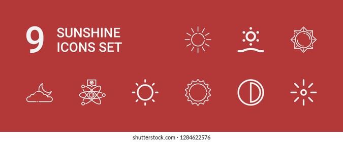 Editable 9 sunshine icons for web and mobile. Set of sunshine included icons line Brightness, Sun, Moon, Sunrise on red background